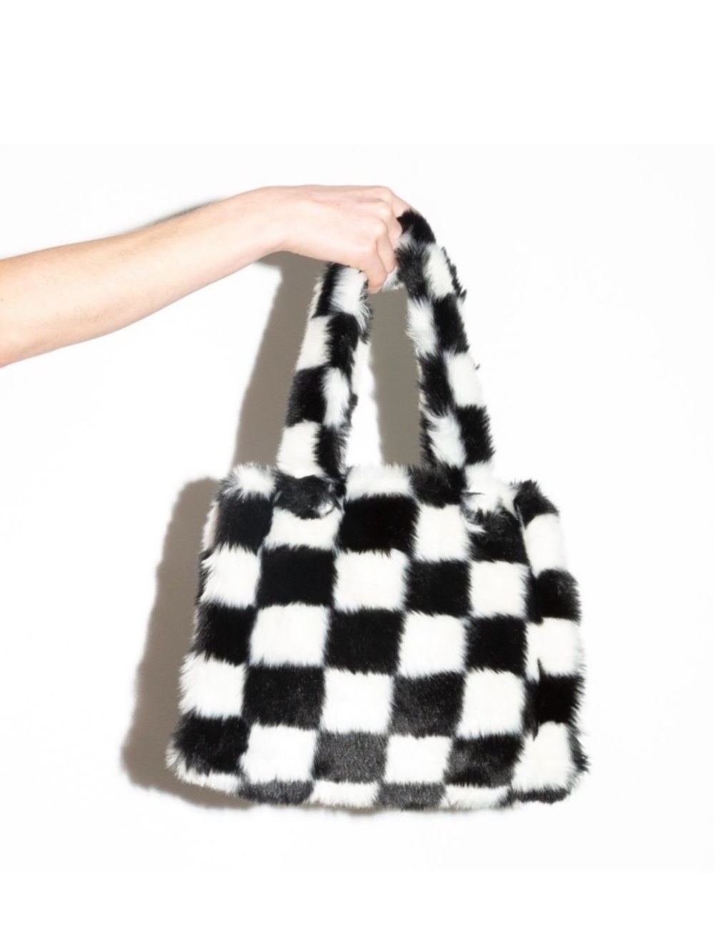Urban Outfitters / Checkered Faux Fur Shoulder Tote Bag Purse Black White